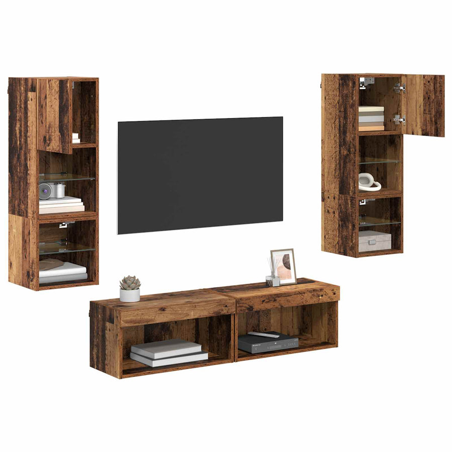 TV-wandmeubel met LED-striplichten 6 pcs Oud Hout Bewerkt hout