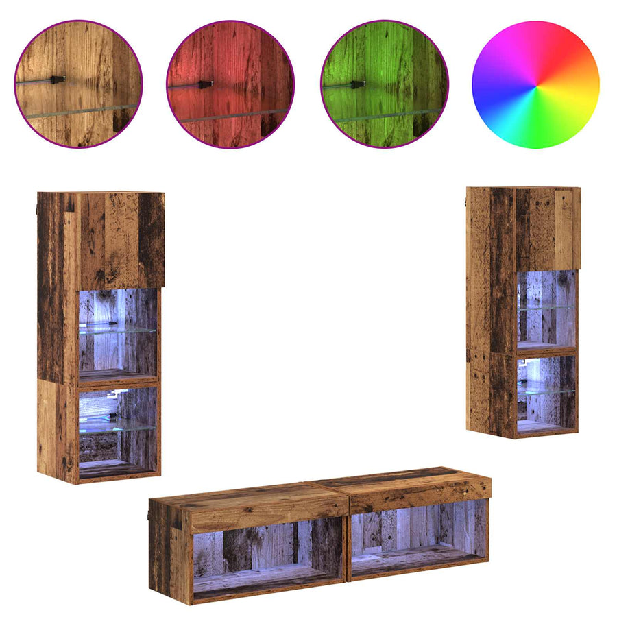 TV-wandmeubel met LED-striplichten 6 pcs Oud Hout Bewerkt hout