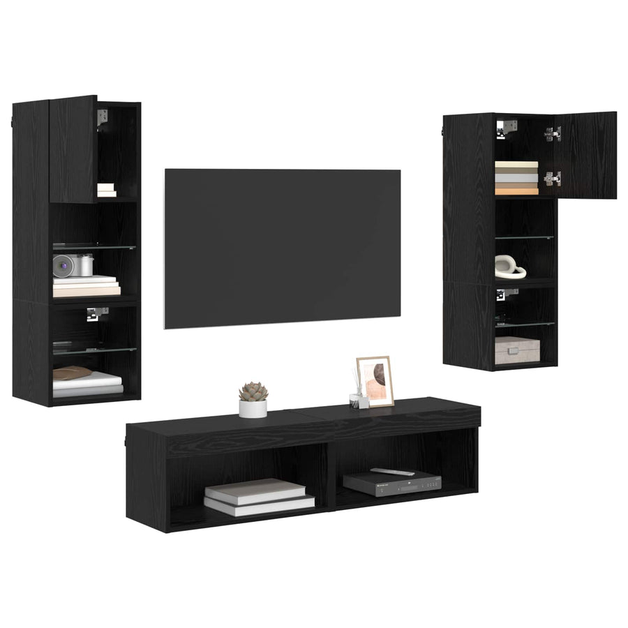 TV-wandmeubel Wandgemonteerd 6 pcs Zwart Eiken Bewerkt hout