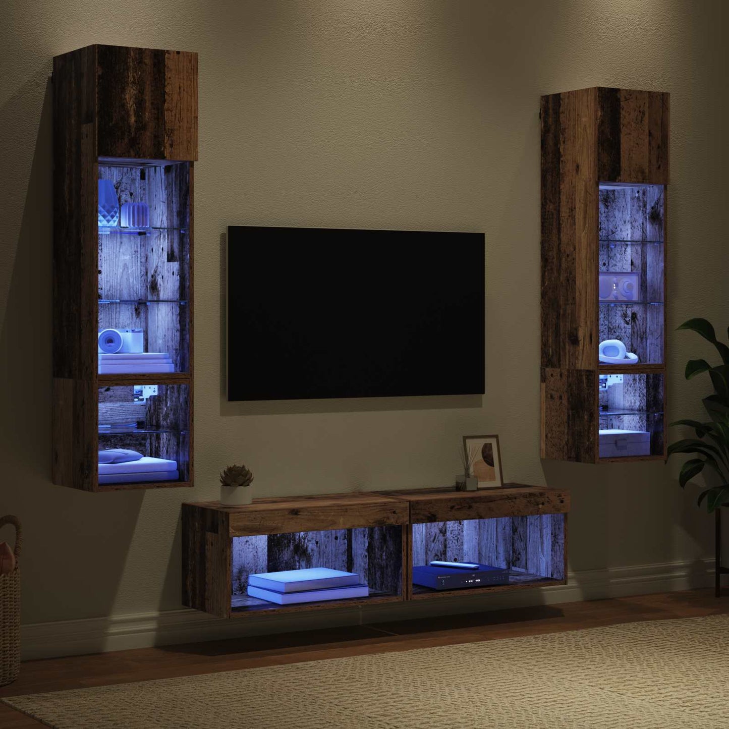 TV-wandmeubel met LED-striplichten 6 pcs Oud Hout Bewerkt hout