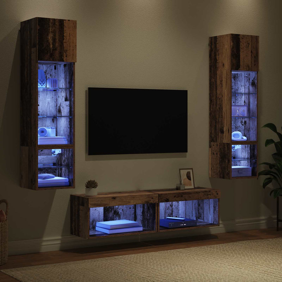 TV-wandmeubel met LED-striplichten 6 pcs Oud Hout Bewerkt hout