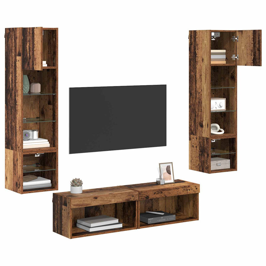 TV-wandmeubel met LED-striplichten 6 pcs Oud Hout Bewerkt hout
