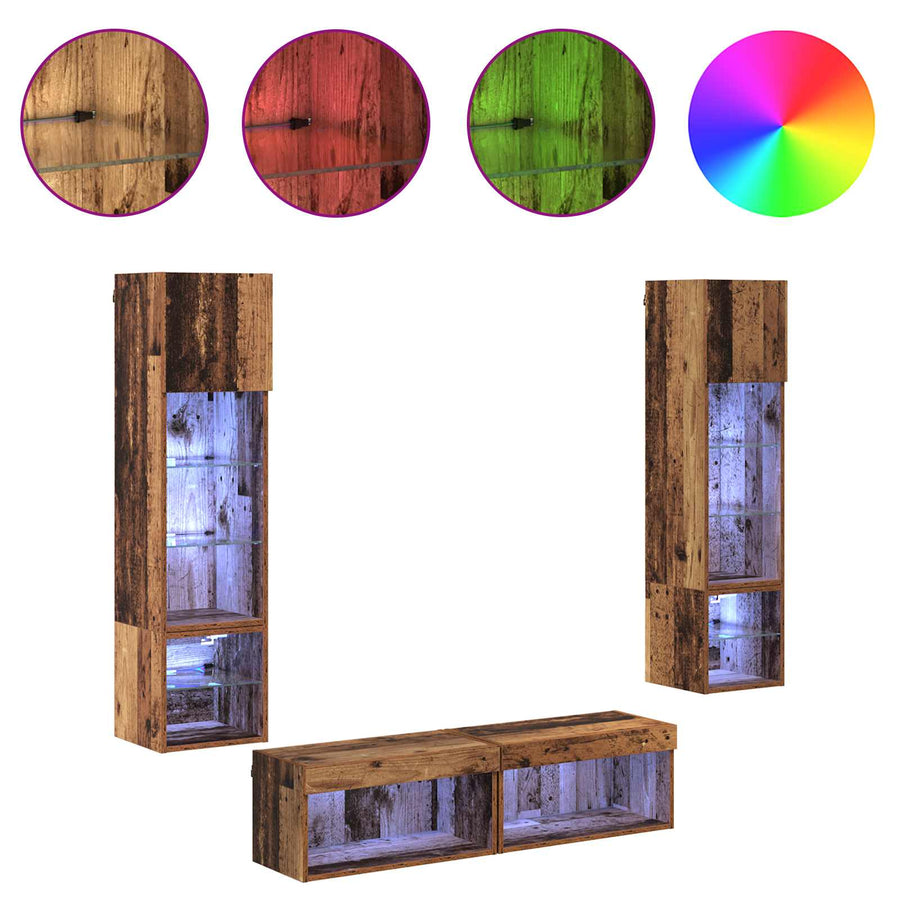 TV-wandmeubel met LED-striplichten 6 pcs Oud Hout Bewerkt hout