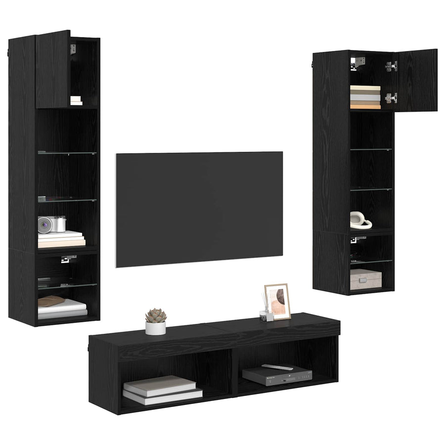 TV-wandmeubel Wandgemonteerd 6 pcs Zwart Eiken Bewerkt hout