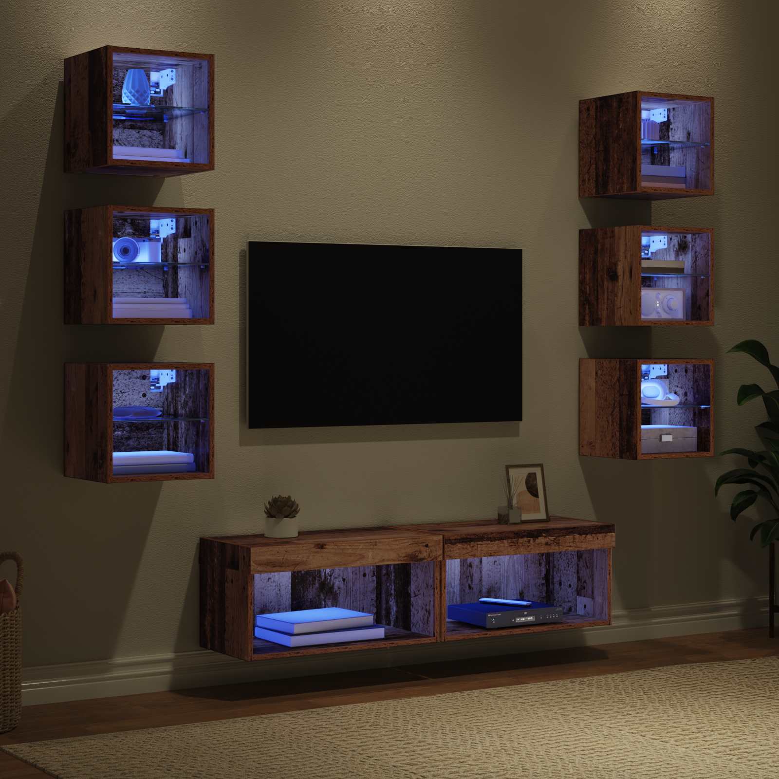 TV-kast met LED-striplichten met lade 8 pcs Oud Hout Glas