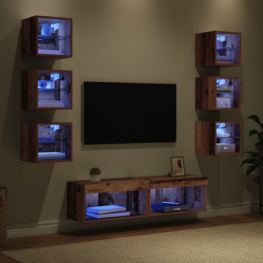 TV-kast met LED-striplichten met lade 8 pcs Oud Hout Glas