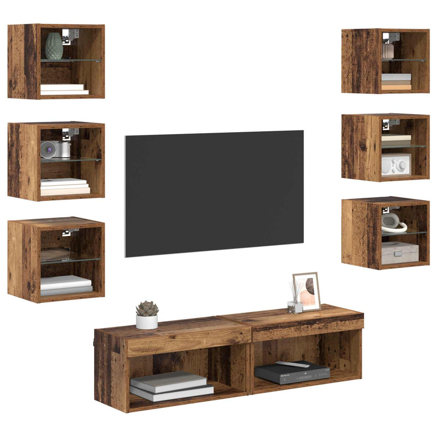 TV-kast met LED-striplichten met lade 8 pcs Oud Hout Glas