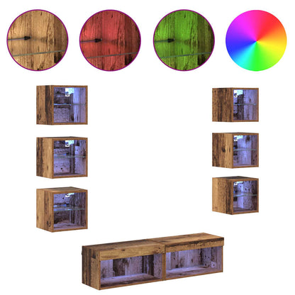 TV-kast met LED-striplichten met lade 8 pcs Oud Hout Glas
