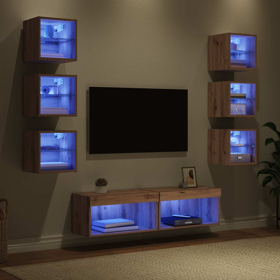 TV-kast met LED-striplichten met lade 8 pcs Artisan Eiken Glas