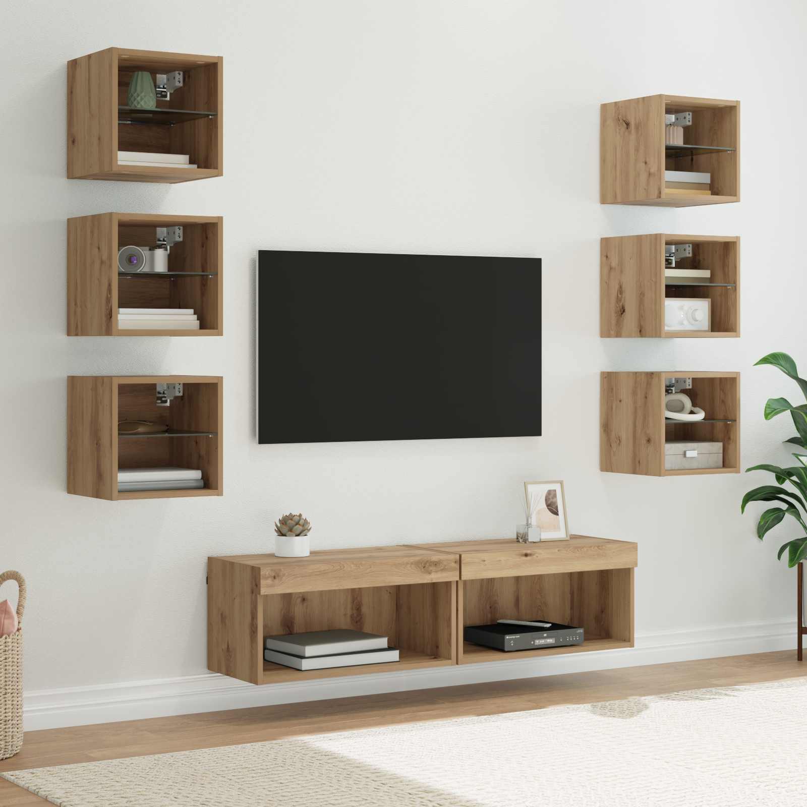 TV-kast met LED-striplichten met lade 8 pcs Artisan Eiken Glas