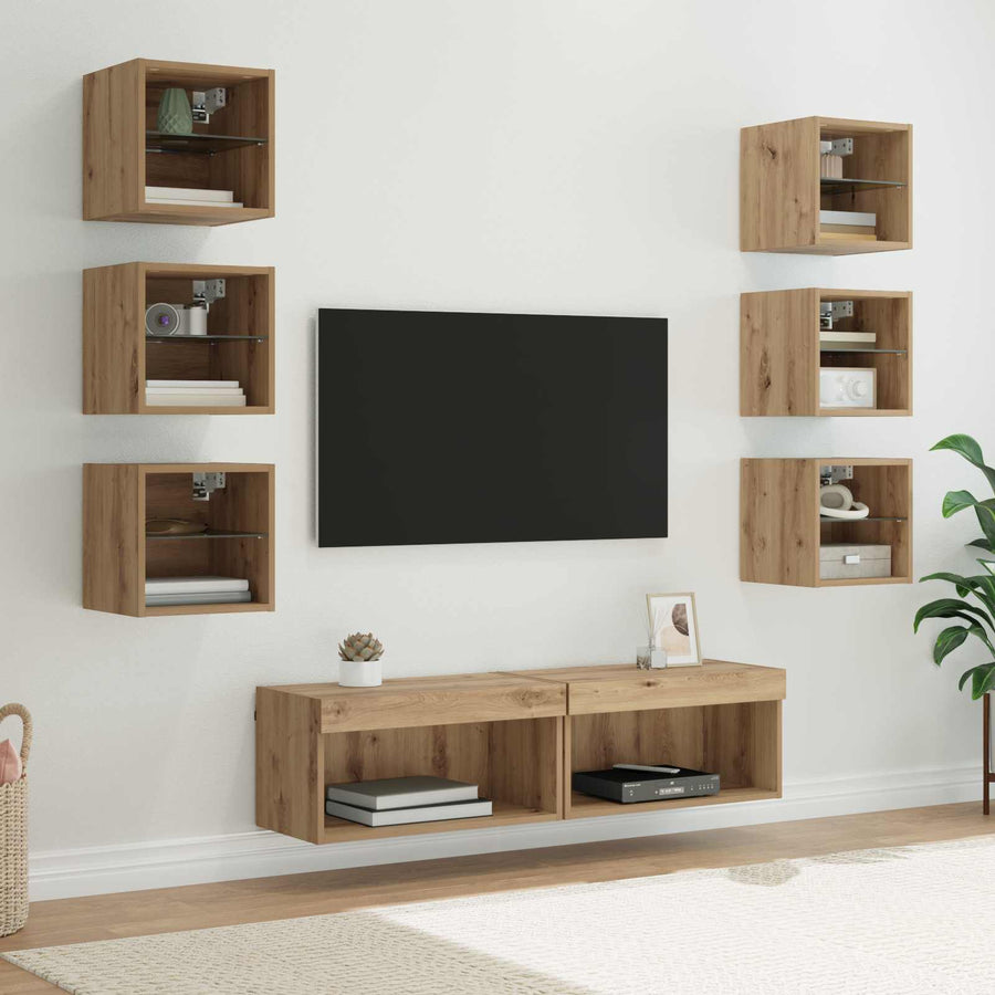 TV-kast met LED-striplichten met lade 8 pcs Artisan Eiken Glas