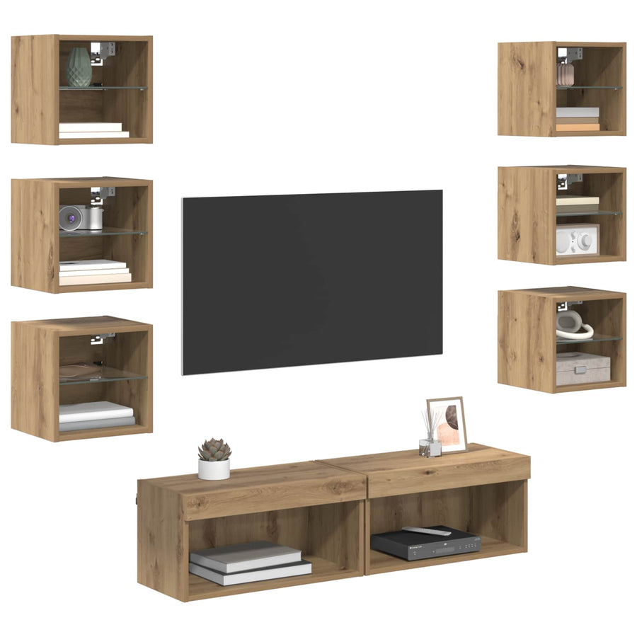 TV-kast met LED-striplichten met lade 8 pcs Artisan Eiken Glas
