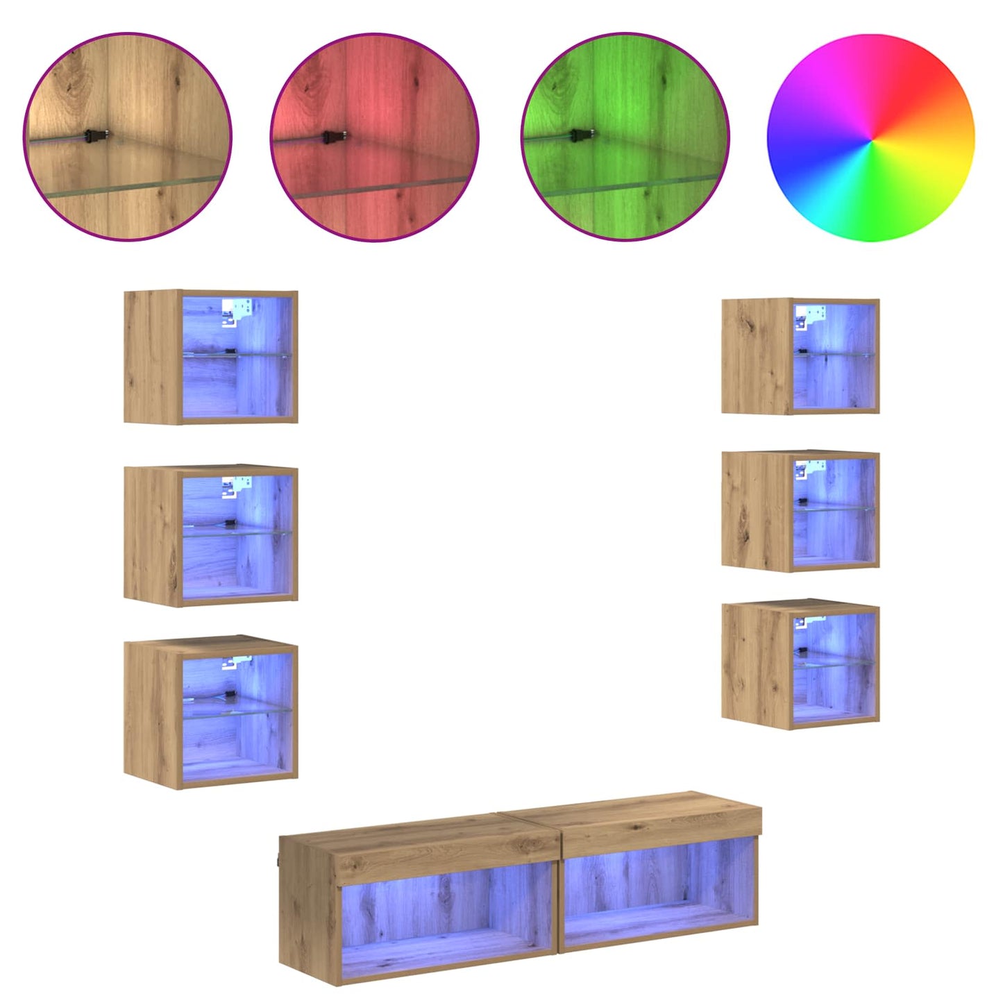 TV-kast met LED-striplichten met lade 8 pcs Artisan Eiken Glas