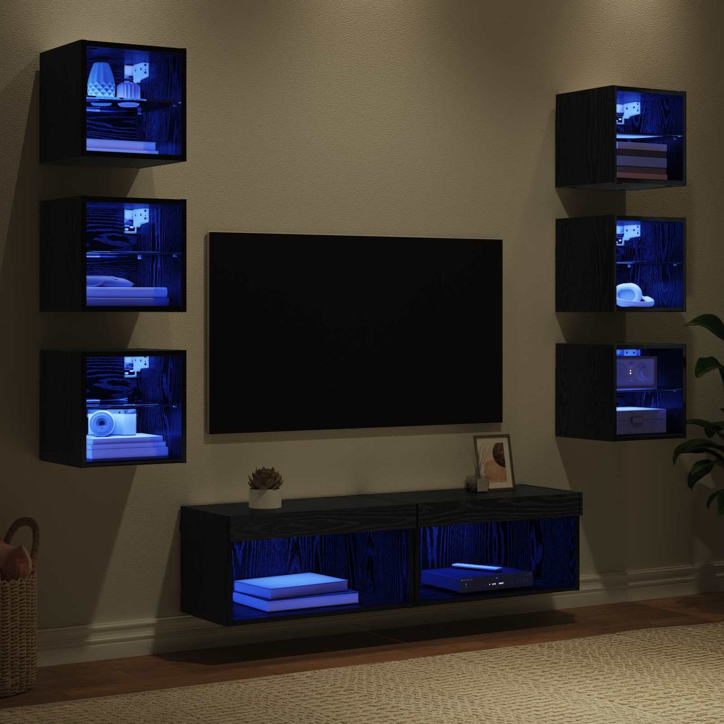 TV-kast met LED-striplichten met lade 8 pcs Zwart Eiken Glas