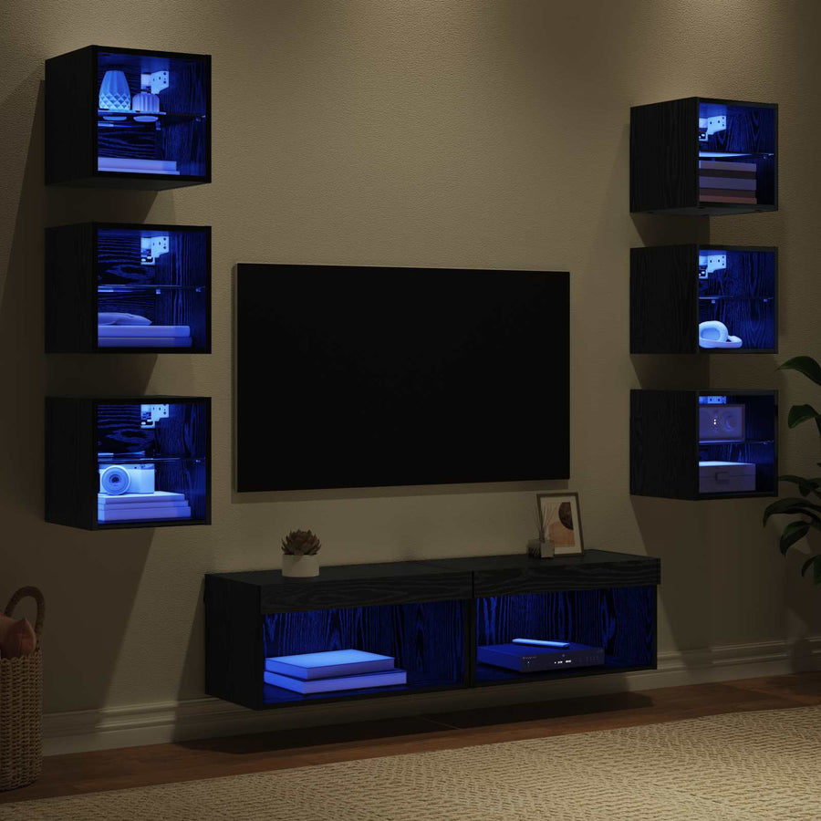 TV-kast met LED-striplichten met lade 8 pcs Zwart Eiken Glas