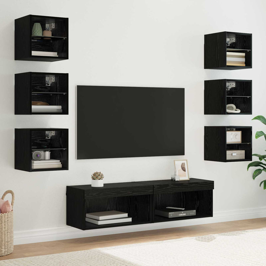 TV-kast met LED-striplichten met lade 8 pcs Zwart Eiken Glas
