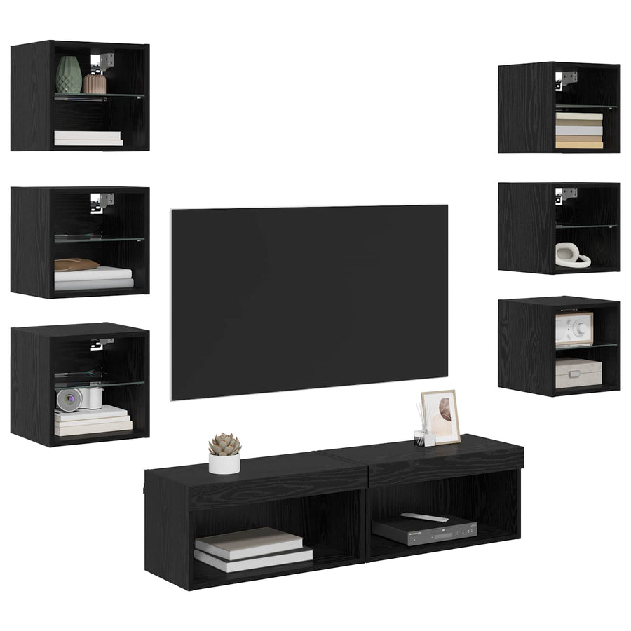 TV-kast met LED-striplichten met lade 8 pcs Zwart Eiken Glas
