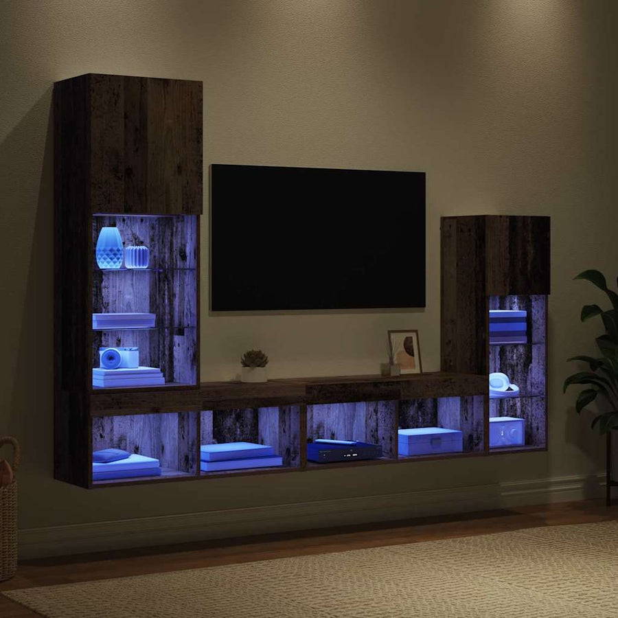 TV Wandmeubels met LED-striplichten 4 pcs Oudhout Bewerkt hout