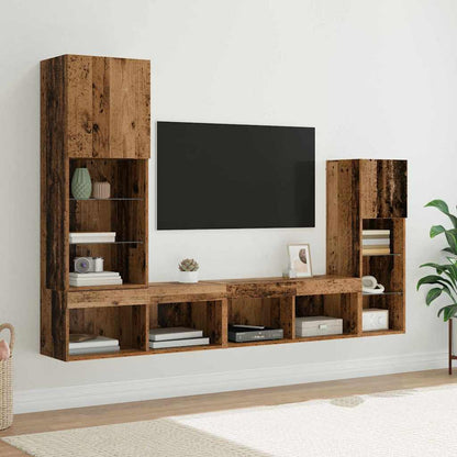 TV Wandmeubels met LED-striplichten 4 pcs Oudhout Bewerkt hout
