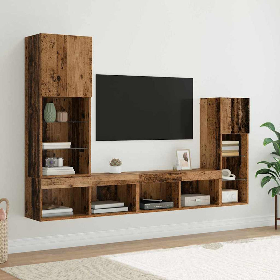 TV Wandmeubels met LED-striplichten 4 pcs Oudhout Bewerkt hout