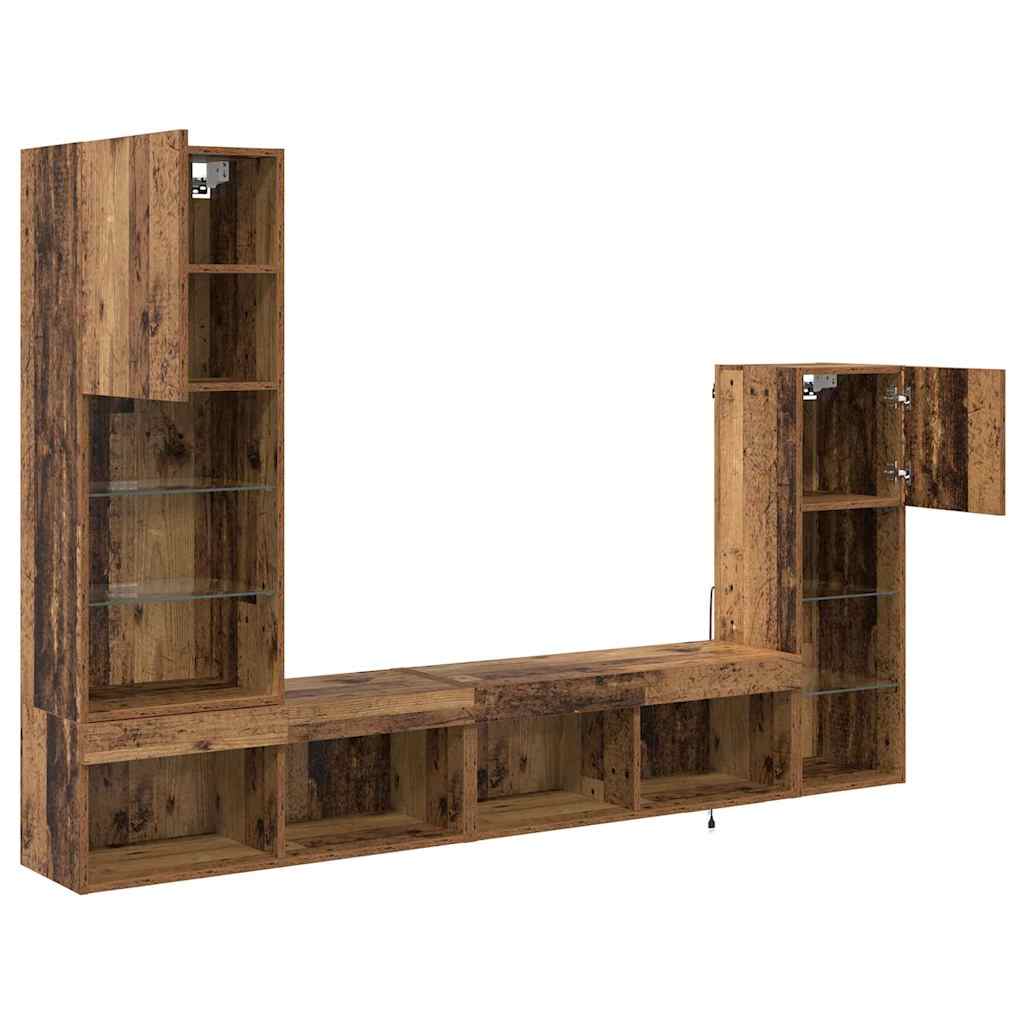 TV Wandmeubels met LED-striplichten 4 pcs Oudhout Bewerkt hout