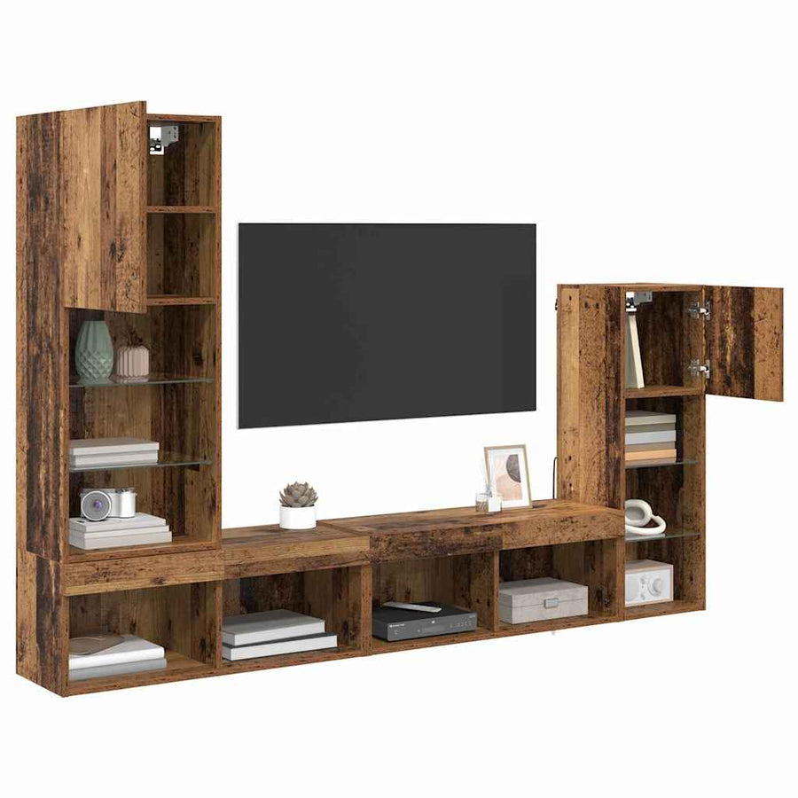 TV Wandmeubels met LED-striplichten 4 pcs Oudhout Bewerkt hout