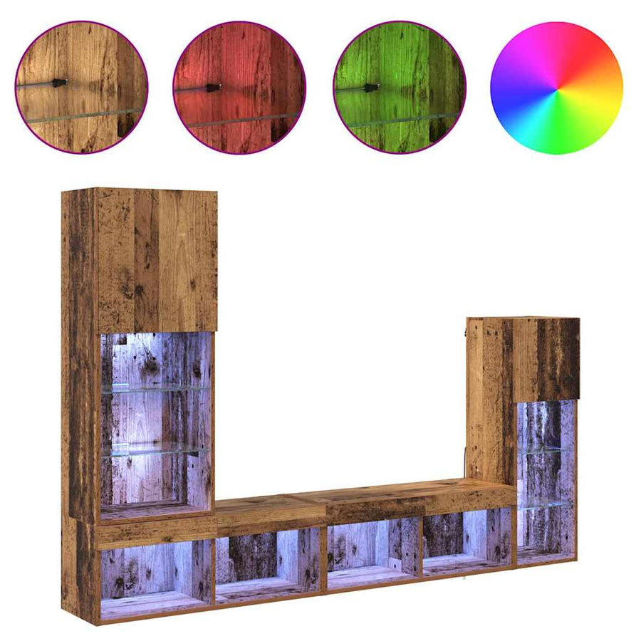 TV Wandmeubels met LED-striplichten 4 pcs Oudhout Bewerkt hout