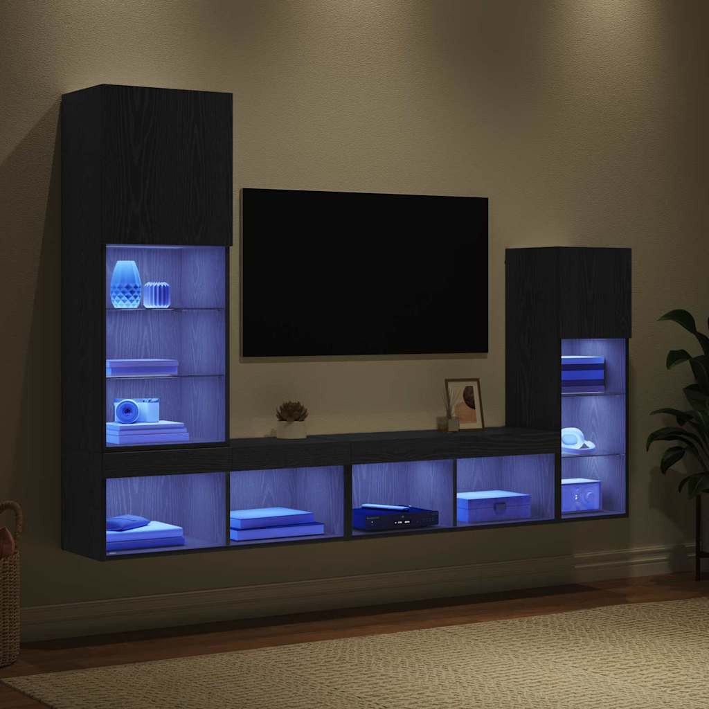 TV Wandmeubels Wandgemonteerd 4 pcs Zwart Eiken Bewerkt hout