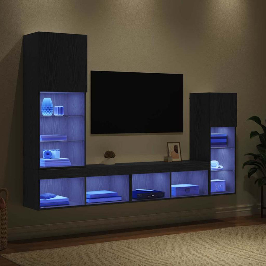 TV Wandmeubels Wandgemonteerd 4 pcs Zwart Eiken Bewerkt hout