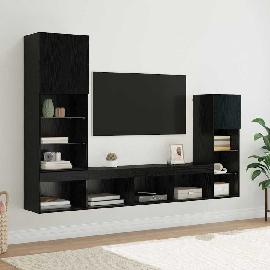 TV Wandmeubels Wandgemonteerd 4 pcs Zwart Eiken Bewerkt hout