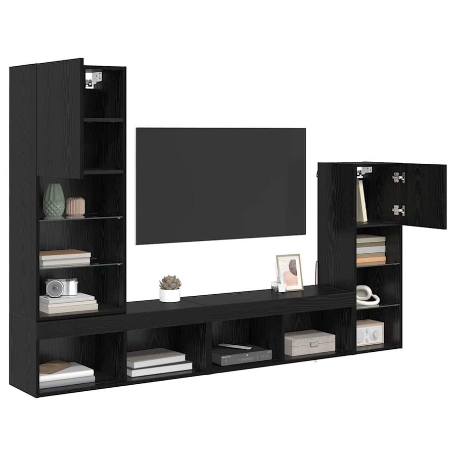 TV Wandmeubels Wandgemonteerd 4 pcs Zwart Eiken Bewerkt hout