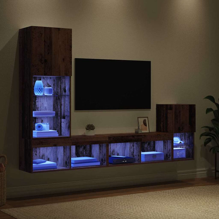 TV Wandmeubels met LED-striplichten Oud Hout Bewerkt hout