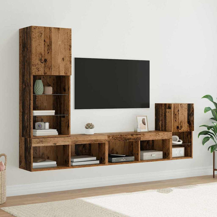TV Wandmeubels met LED-striplichten Oud Hout Bewerkt hout