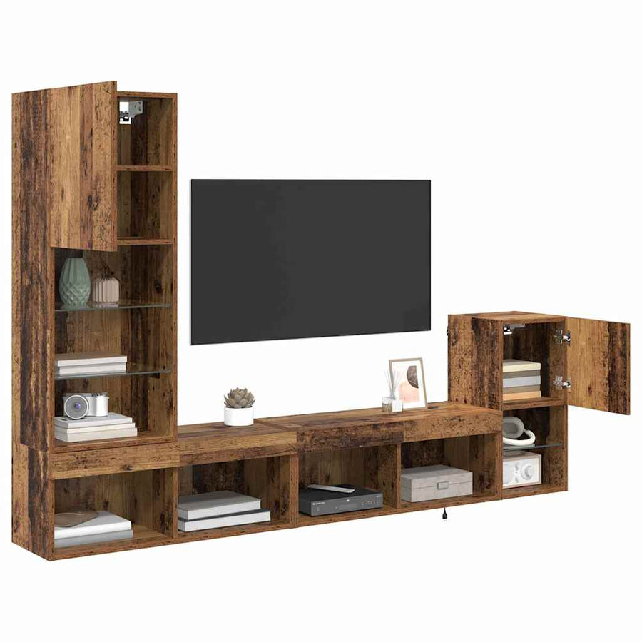 TV Wandmeubels met LED-striplichten Oud Hout Bewerkt hout