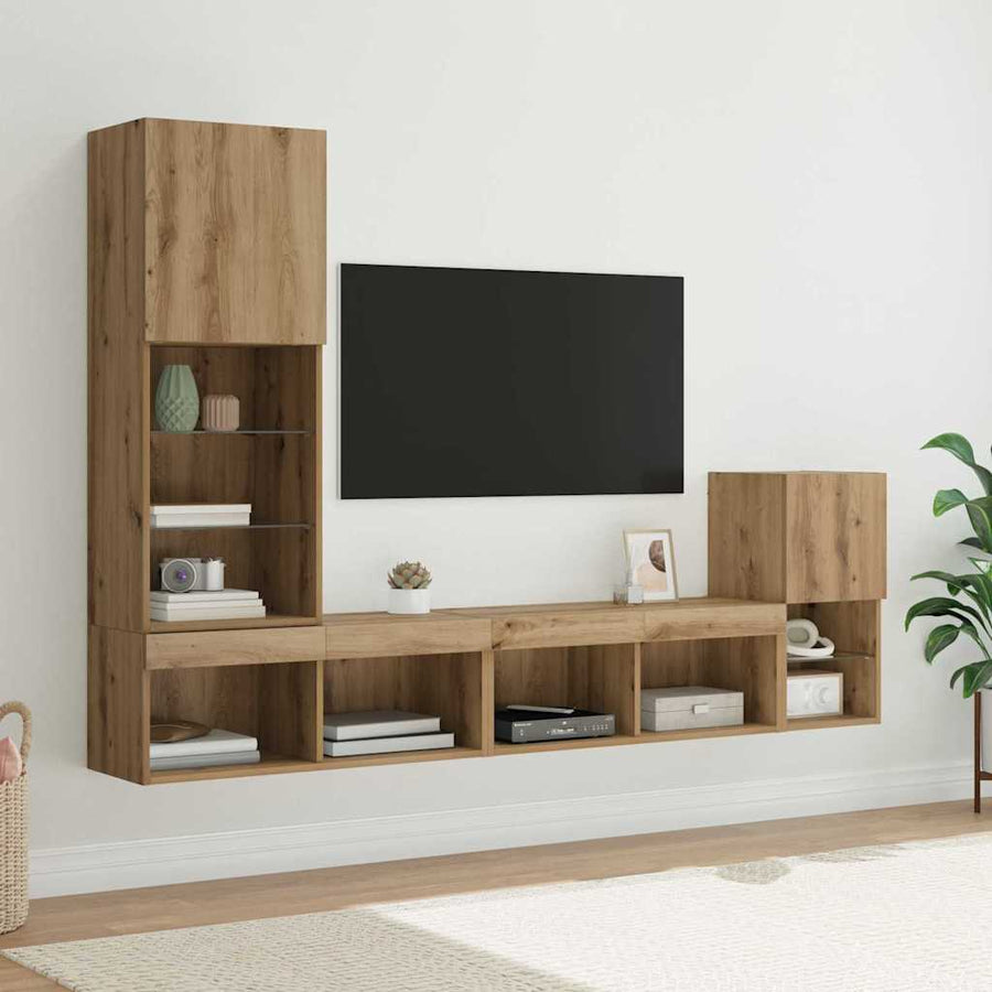 TV Wandmeubels met LED-striplichten Artisan Eiken Bewerkt hout