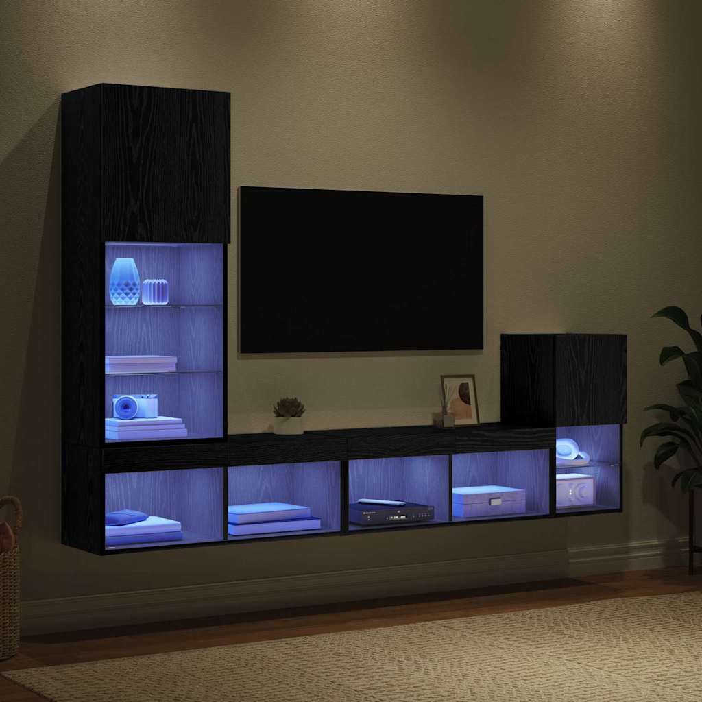 TV Wandmeubels met LED-striplichten Zwart Eiken Bewerkt hout
