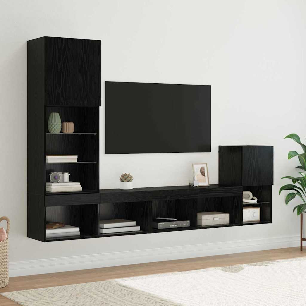 TV Wandmeubels met LED-striplichten Zwart Eiken Bewerkt hout
