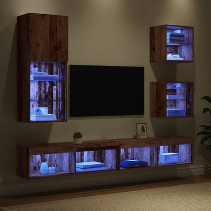 TV Wand Eenheden met LED Wandgemonteerd 5 stuks Oud Hout Bewerkt hout