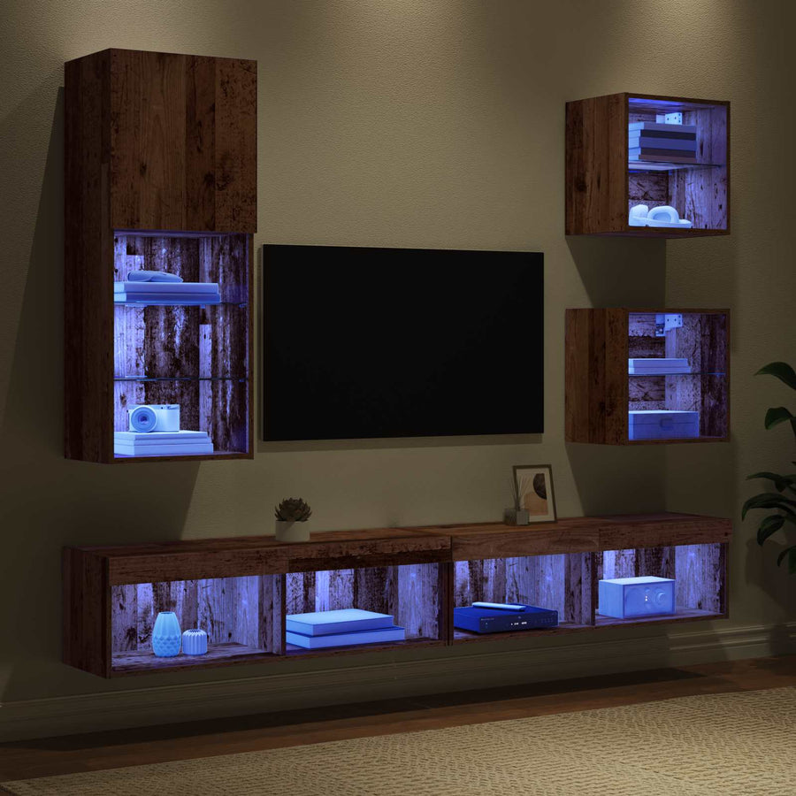 TV Wand Eenheden met LED Wandgemonteerd 5 stuks Oud Hout Bewerkt hout