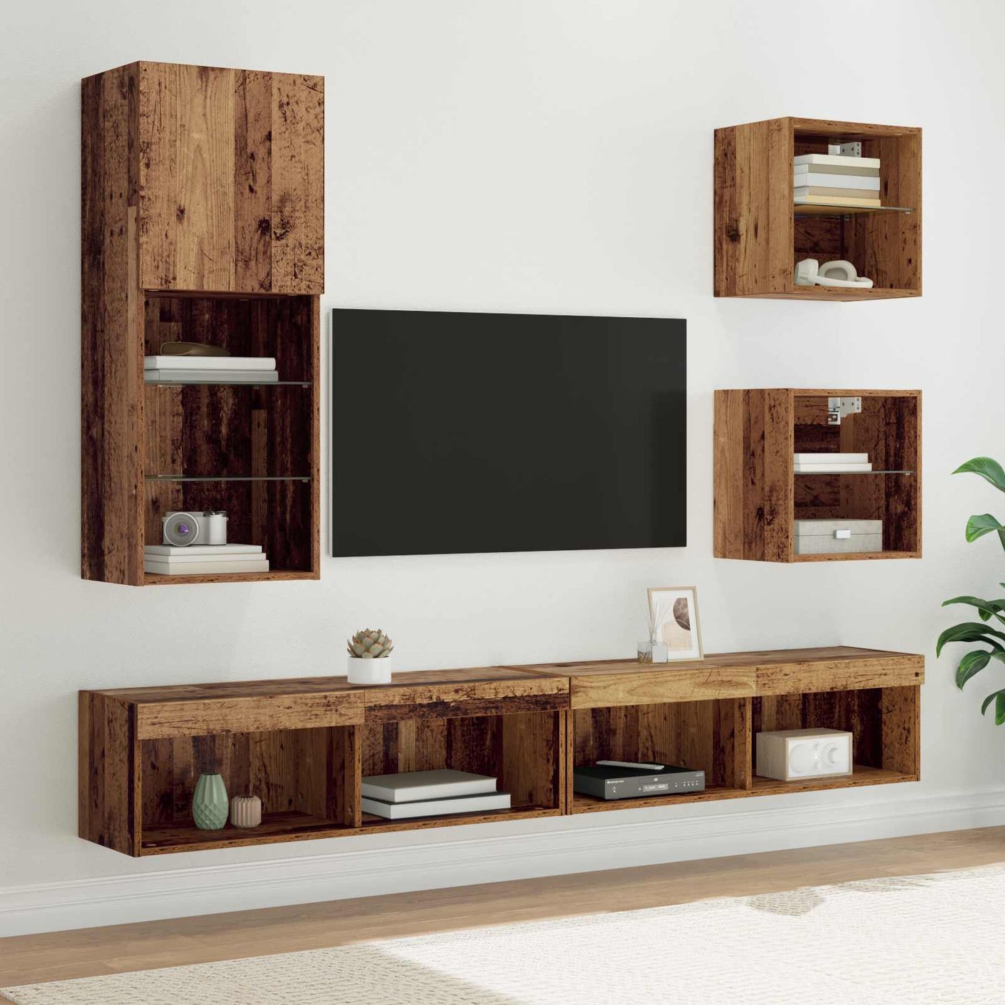 TV Wand Eenheden met LED Wandgemonteerd 5 stuks Oud Hout Bewerkt hout