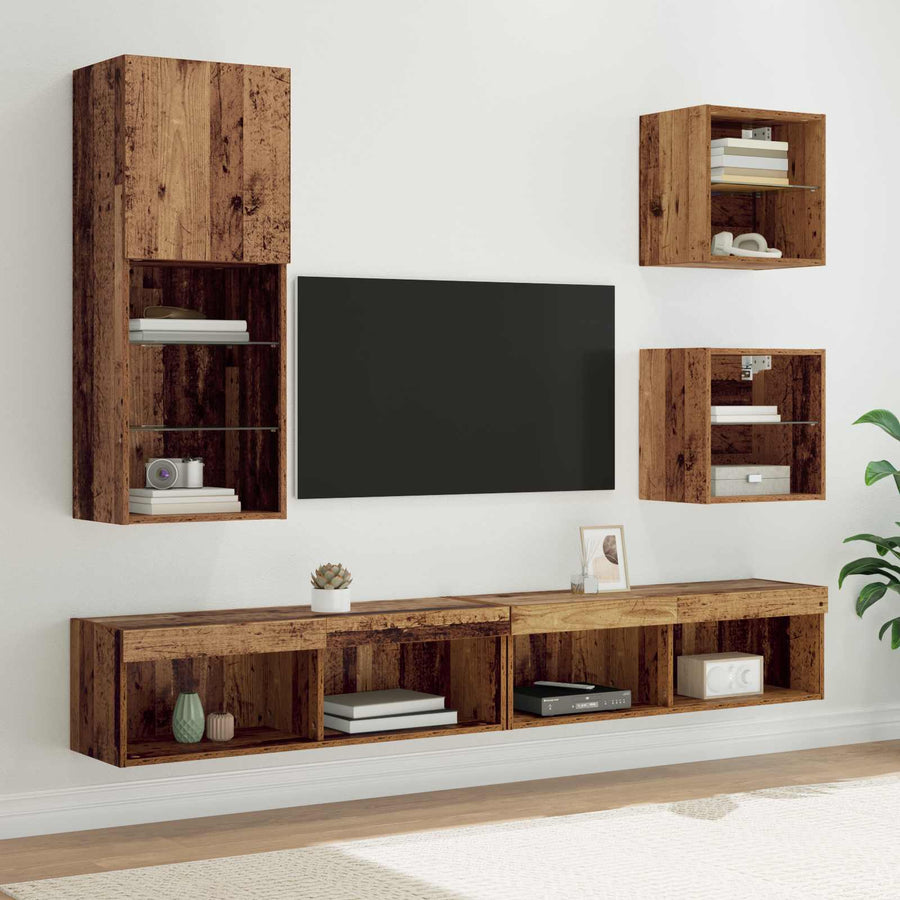 TV Wand Eenheden met LED Wandgemonteerd 5 stuks Oud Hout Bewerkt hout