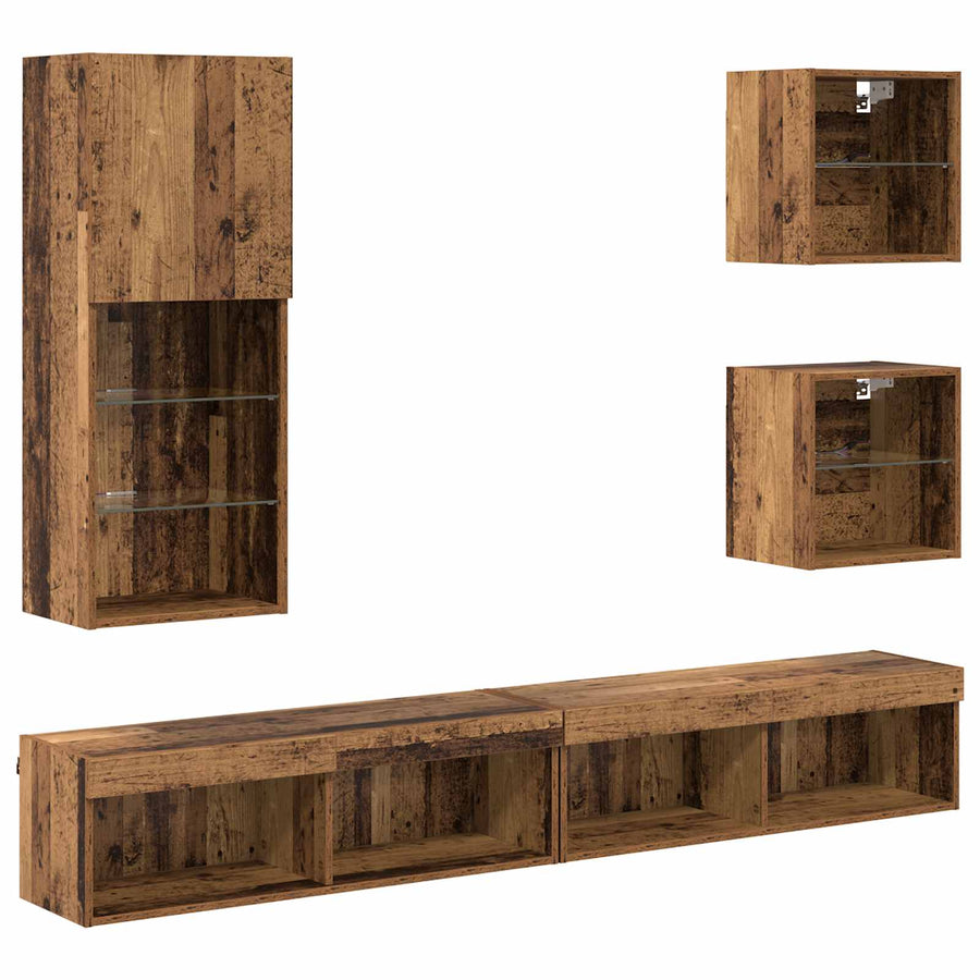 TV Wand Eenheden met LED Wandgemonteerd 5 stuks Oud Hout Bewerkt hout