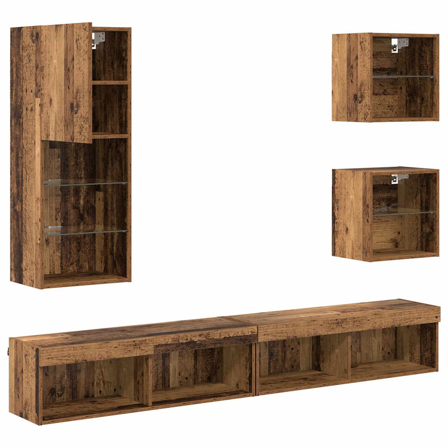 TV Wand Eenheden met LED Wandgemonteerd 5 stuks Oud Hout Bewerkt hout