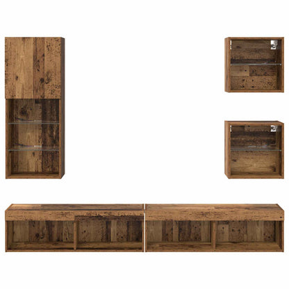 TV Wand Eenheden met LED Wandgemonteerd 5 stuks Oud Hout Bewerkt hout