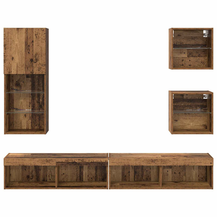 TV Wand Eenheden met LED Wandgemonteerd 5 stuks Oud Hout Bewerkt hout