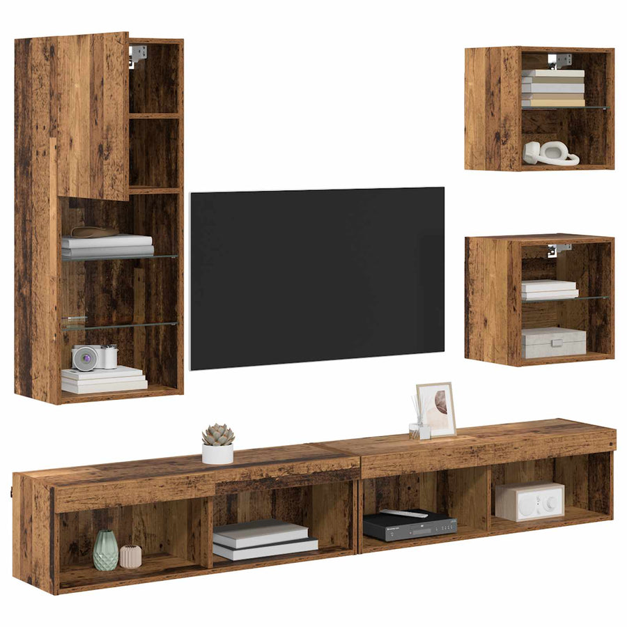 TV Wand Eenheden met LED Wandgemonteerd 5 stuks Oud Hout Bewerkt hout
