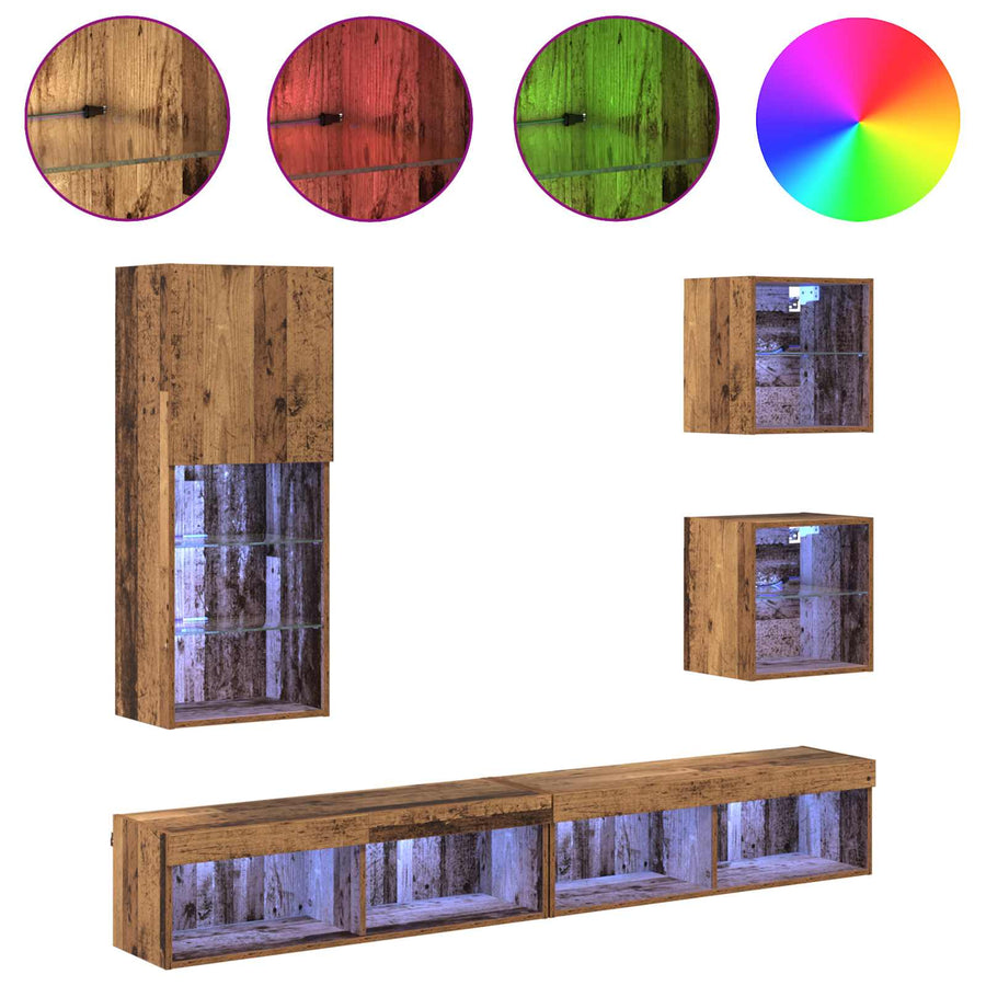 TV Wand Eenheden met LED Wandgemonteerd 5 stuks Oud Hout Bewerkt hout