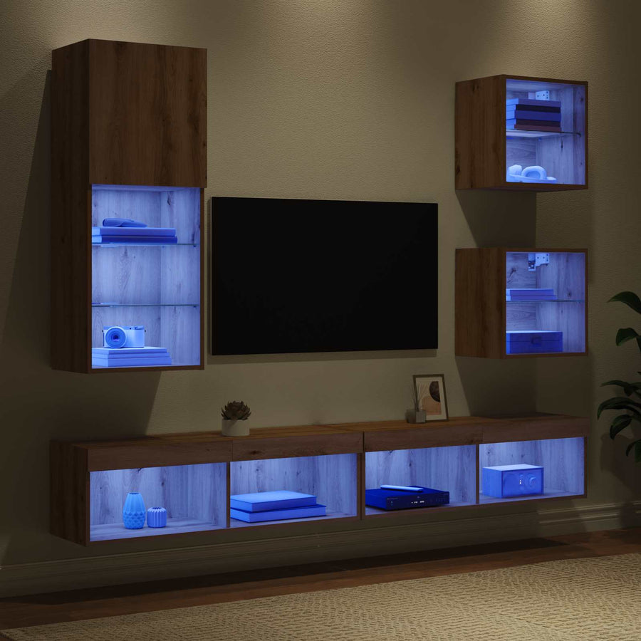 TV Wand Eenheden met LED 5 stuks Artisan Eiken Bewerkt hout
