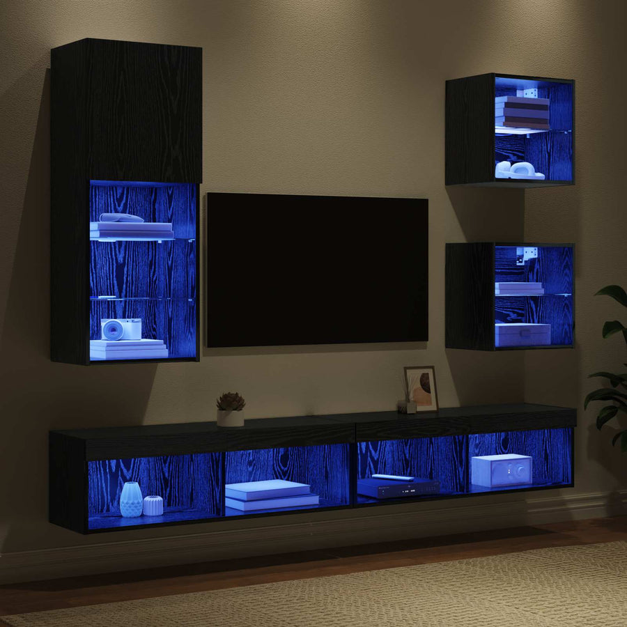 TV Wand Eenheden met LED 5 stuks Zwart Eiken Bewerkt hout