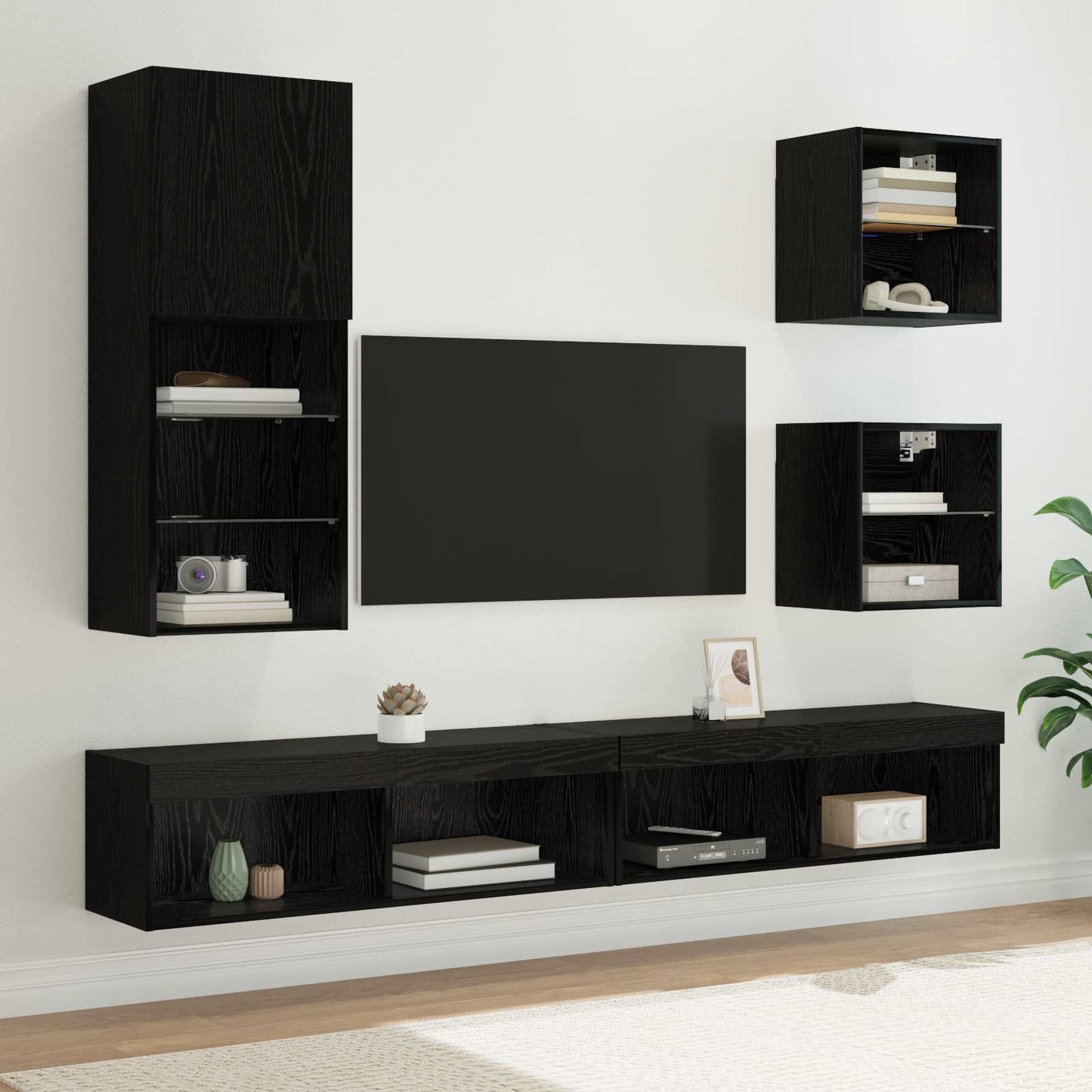 TV Wand Eenheden met LED 5 stuks Zwart Eiken Bewerkt hout